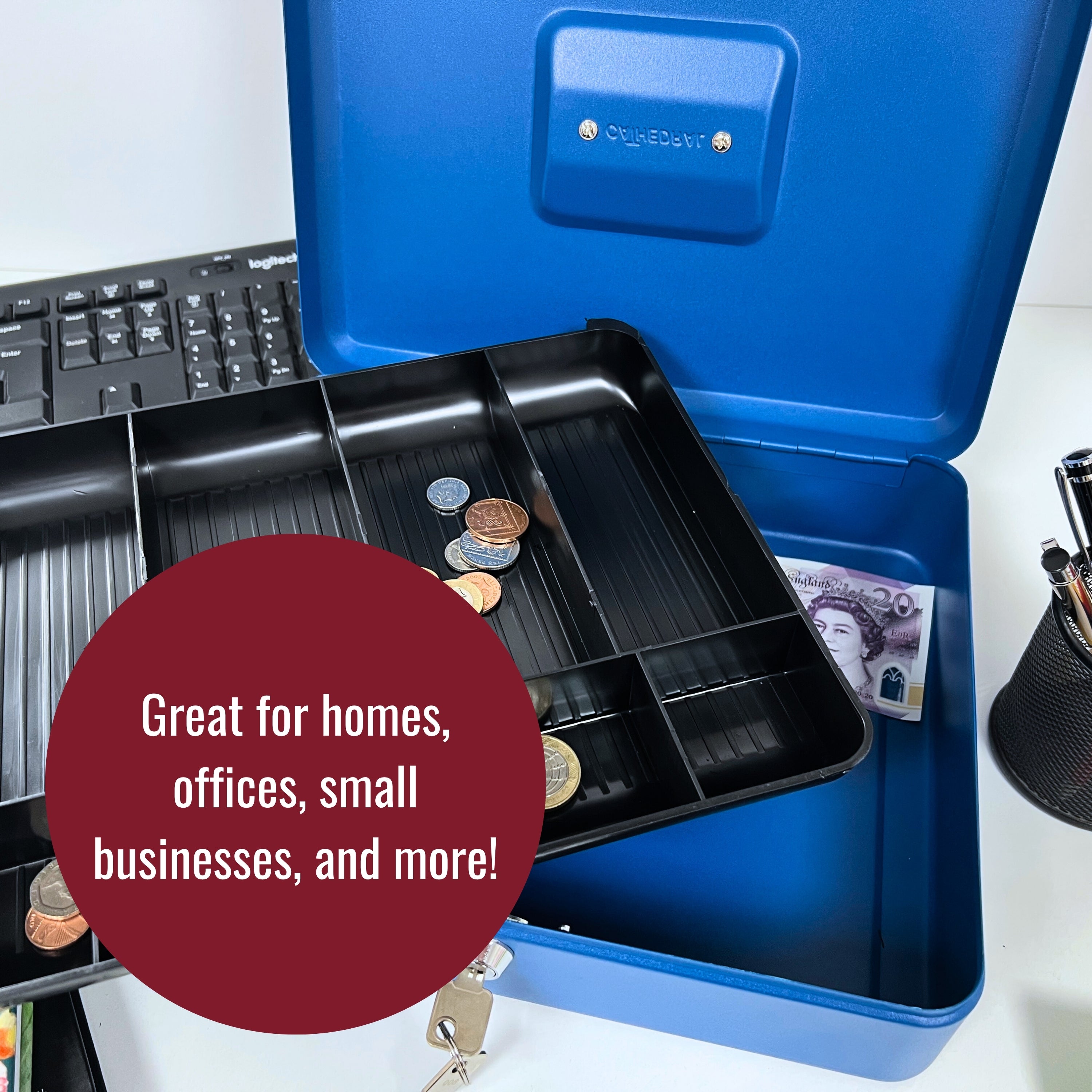 Key Lockable Cash Box with Lift Out  Compartment Coin Tray - 4-12 Inch