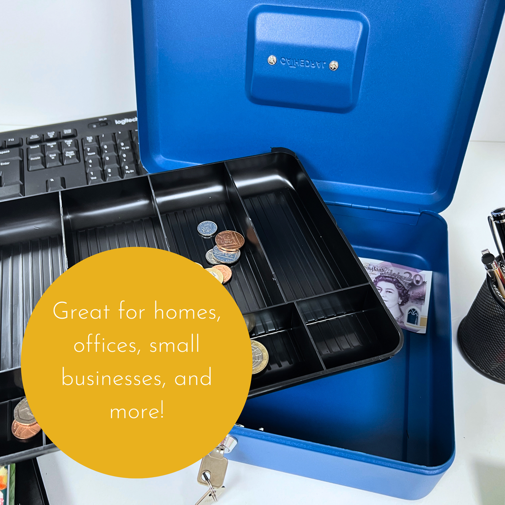 Key Lockable Cash Box with Lift Out 9 Compartment Coin Tray - 12 Inch