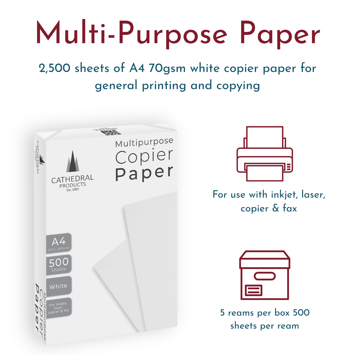 Cathedral Products A4 Copier Paper 70gsm – 5 Reams