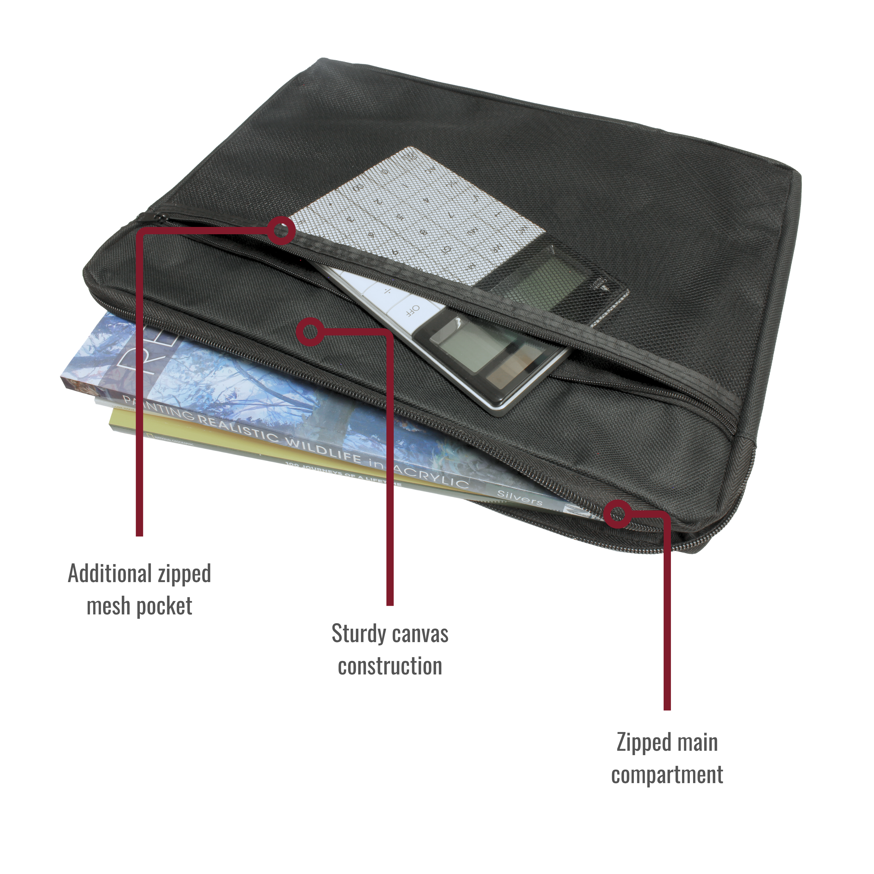 A4 Canvas Document Bag with Zip and Outer Mesh Pocket