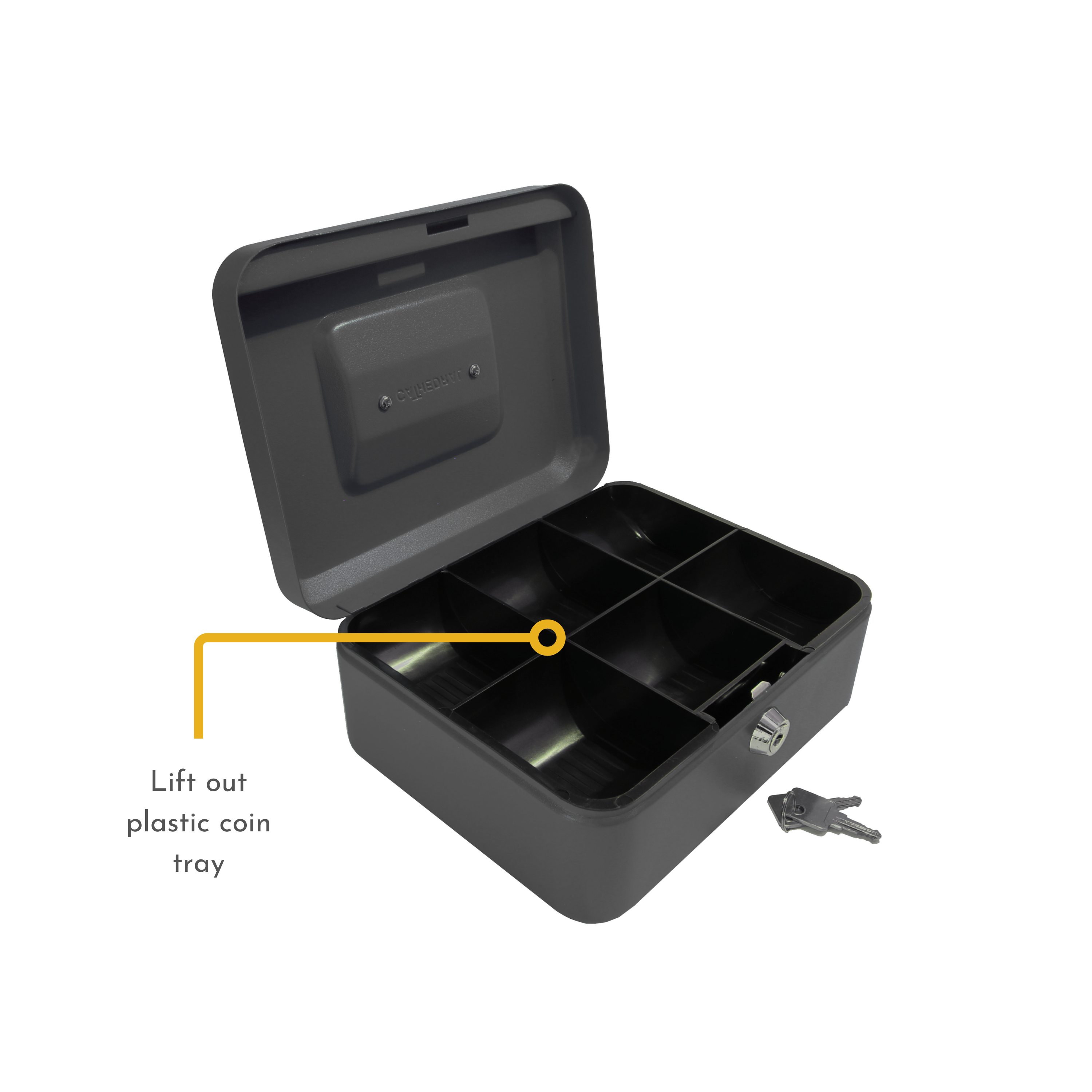 Key Lockable Cash Box with Lift Out 6 Compartment Coin Tray - 8 Inch