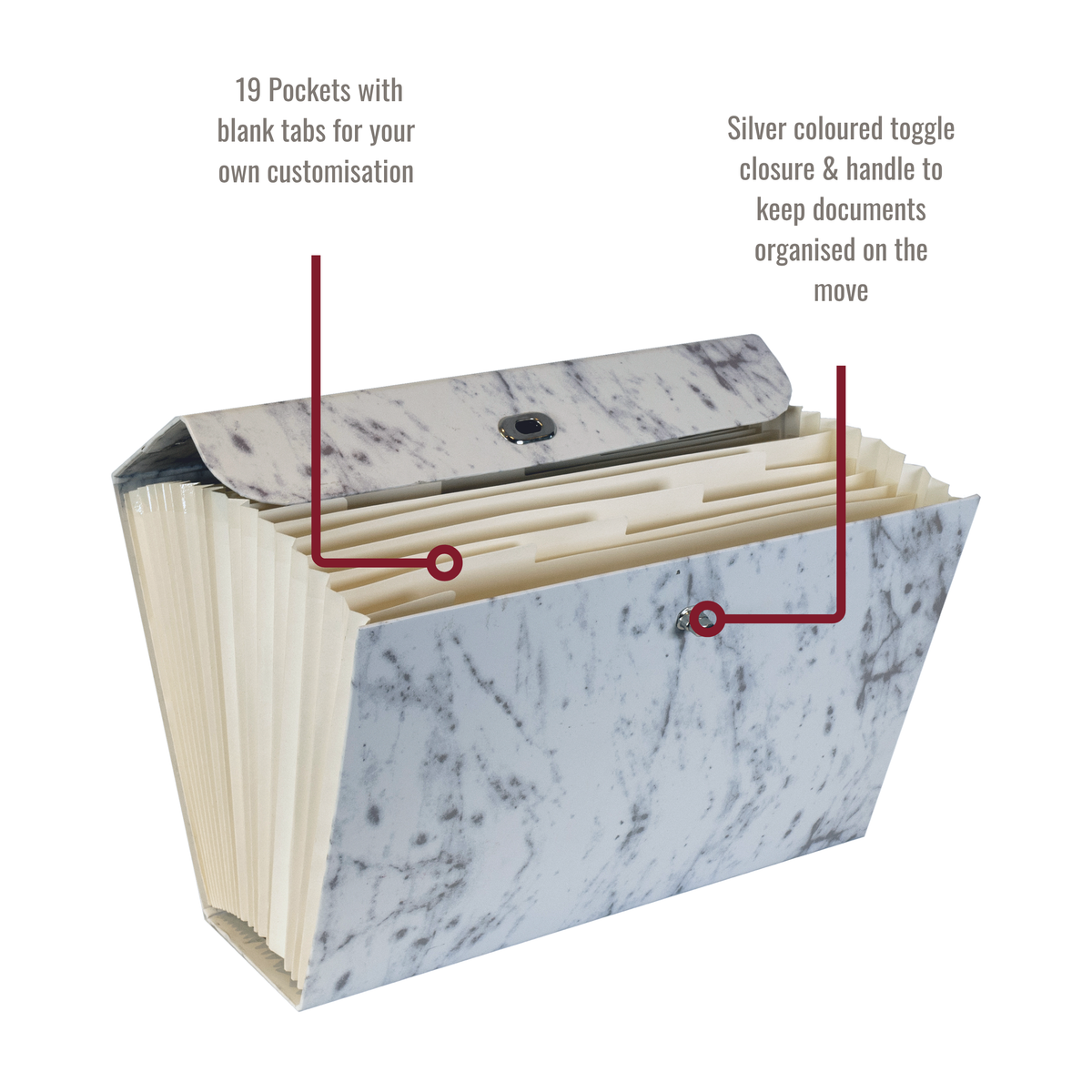 Luxurious Marble Design 19-Pocket Expanding Box File with Silver Coloured Accents
