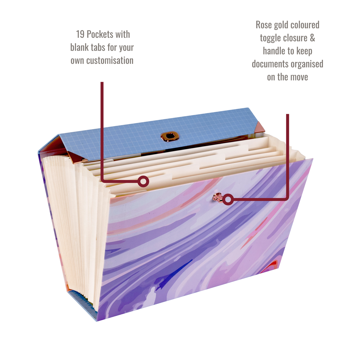 Purple Abstract 19-Pocket Expanding Box File with Rose Gold Coloured Accents