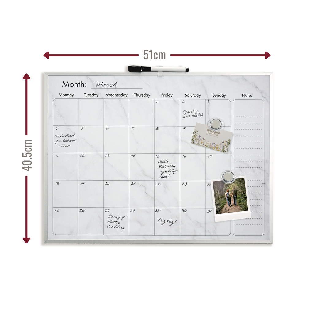 Elegant Marble Magnetic Calendar Board with Silver Aluminium Frame - 40.5 x 51 cm