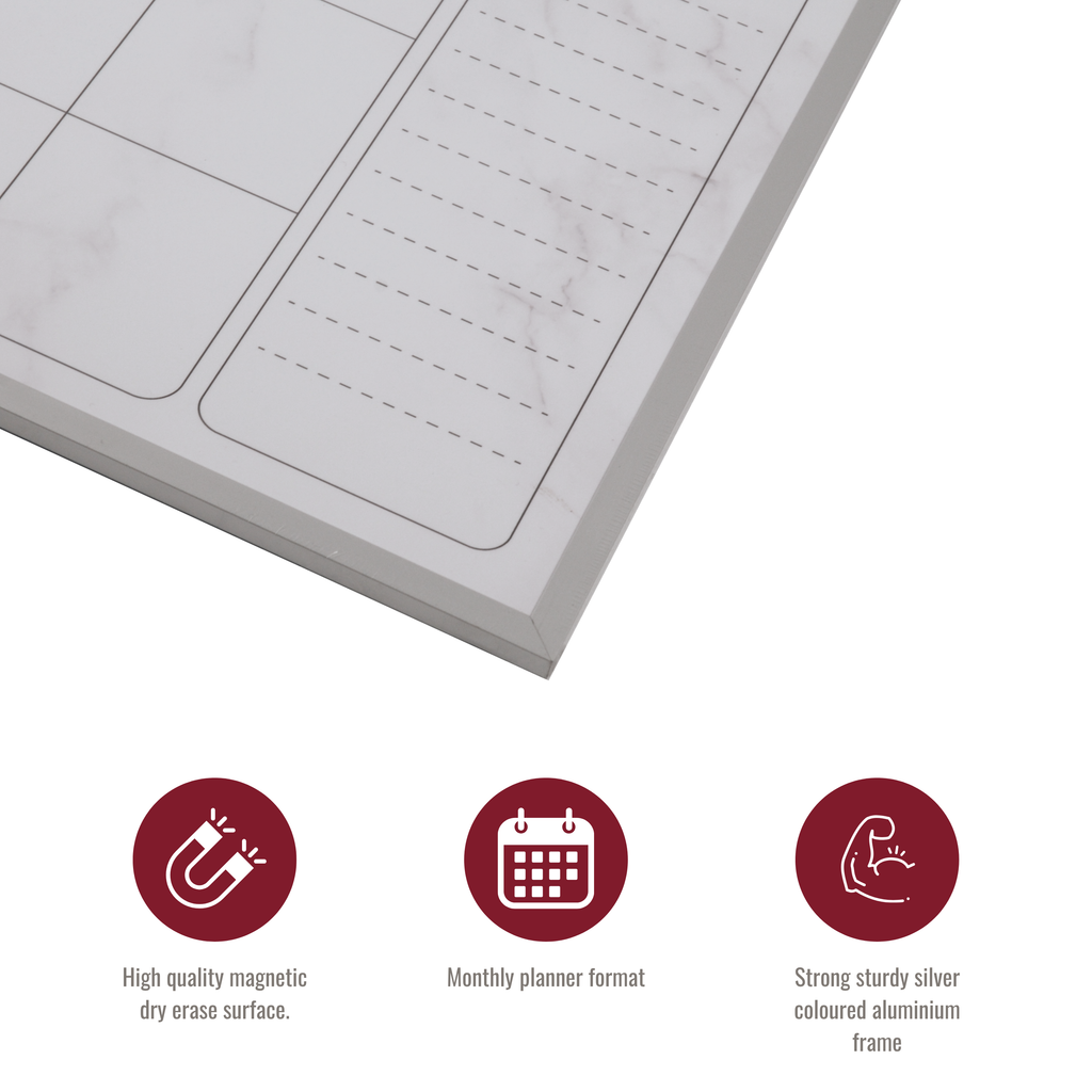 Elegant Marble Magnetic Calendar Board with Silver Aluminium Frame - 40.5 x 51 cm
