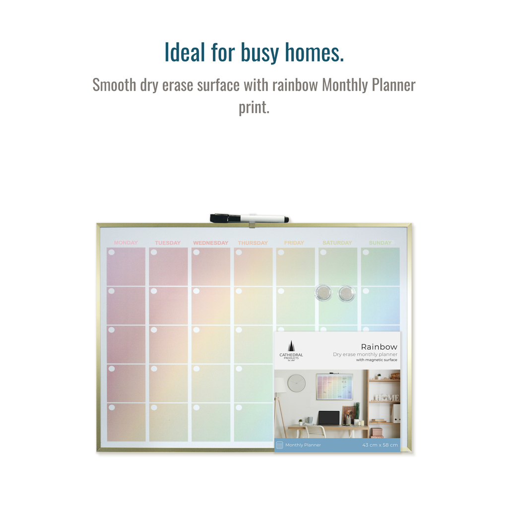 Luxurious Rainbow Magnetic Calendar Board with Gold Aluminium Frame - 43 x 58 cm