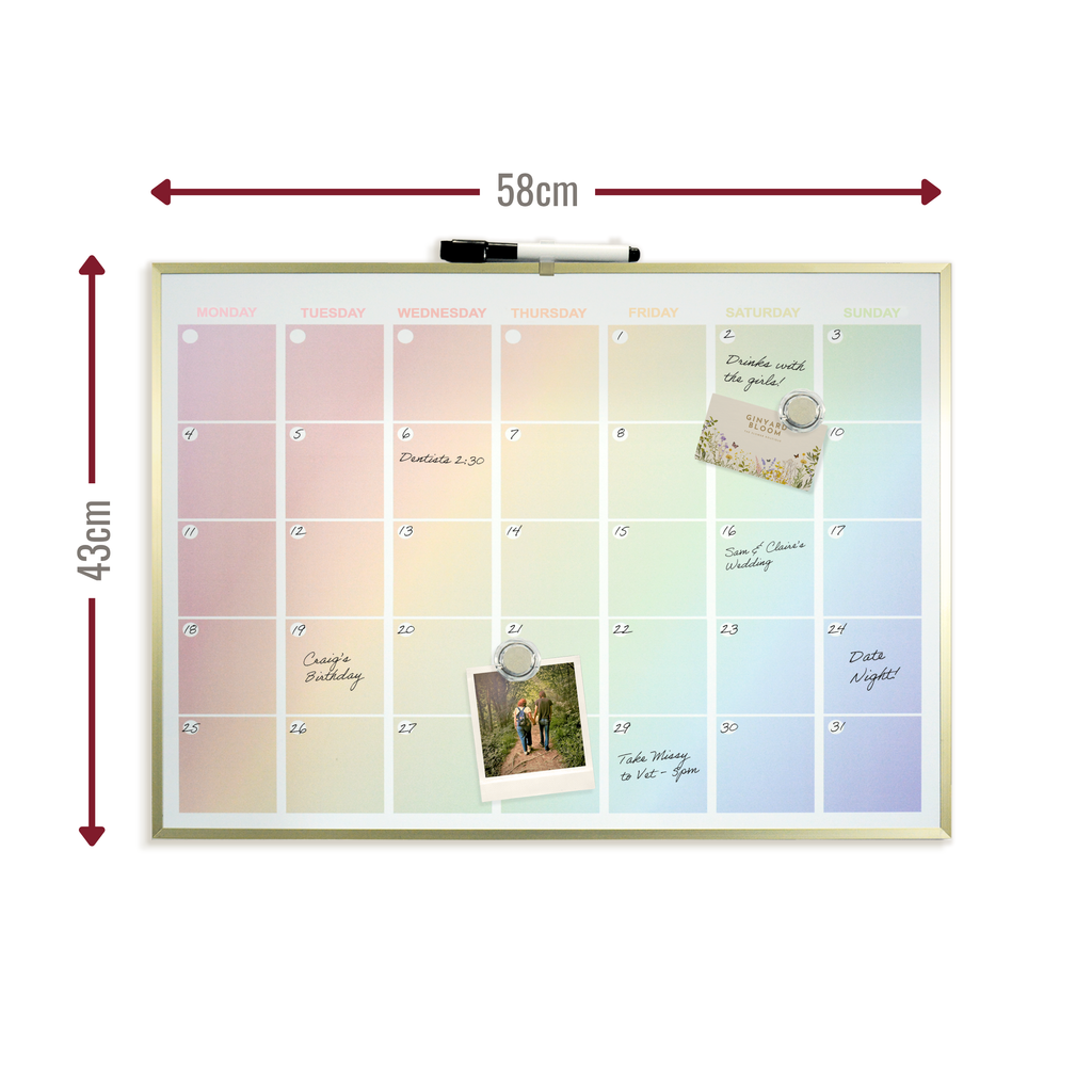 Luxurious Rainbow Magnetic Calendar Board with Gold Aluminium Frame - 43 x 58 cm
