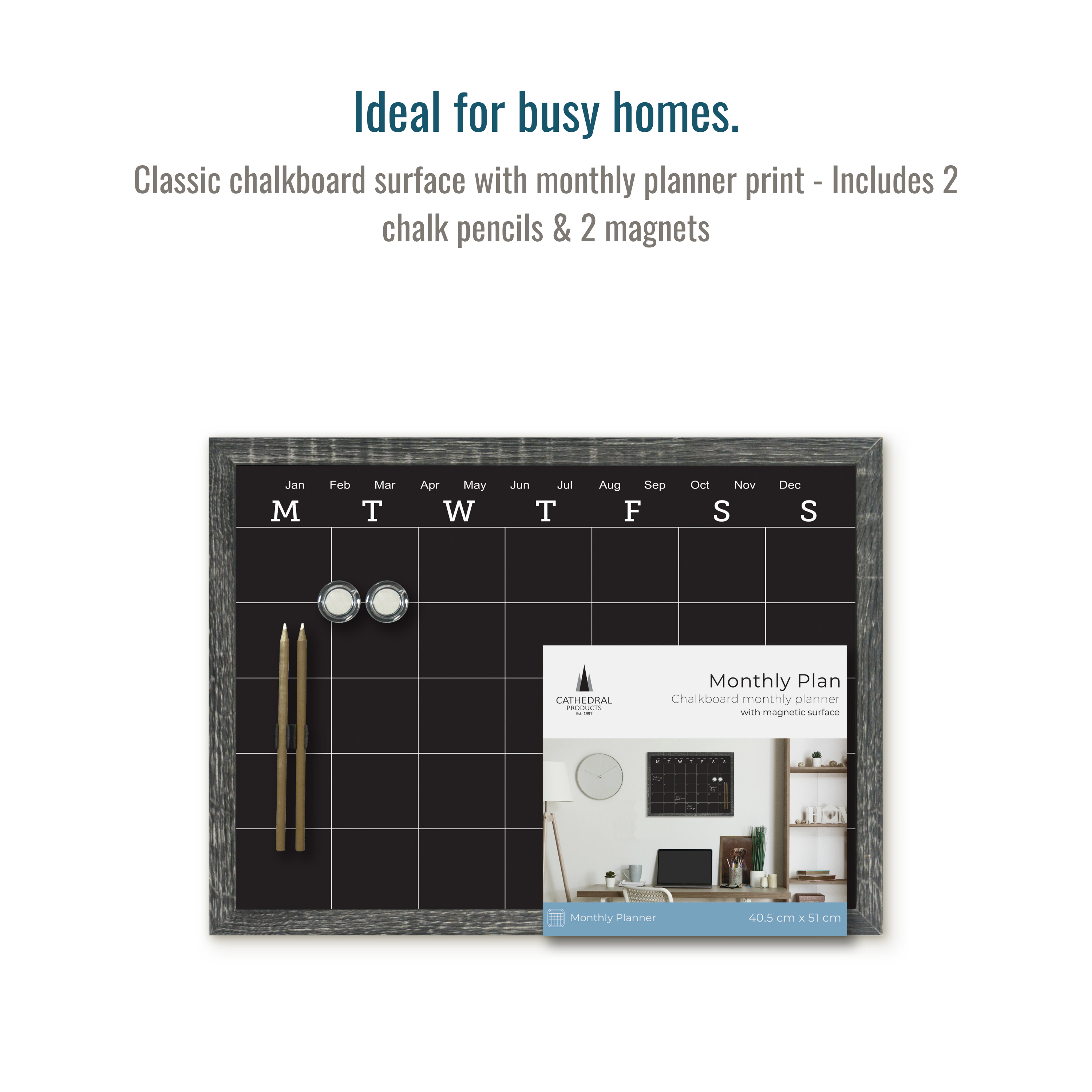 Charcoal Frame Magnetic Calendar Chalk Board - 40.6 x 50.8 cm
