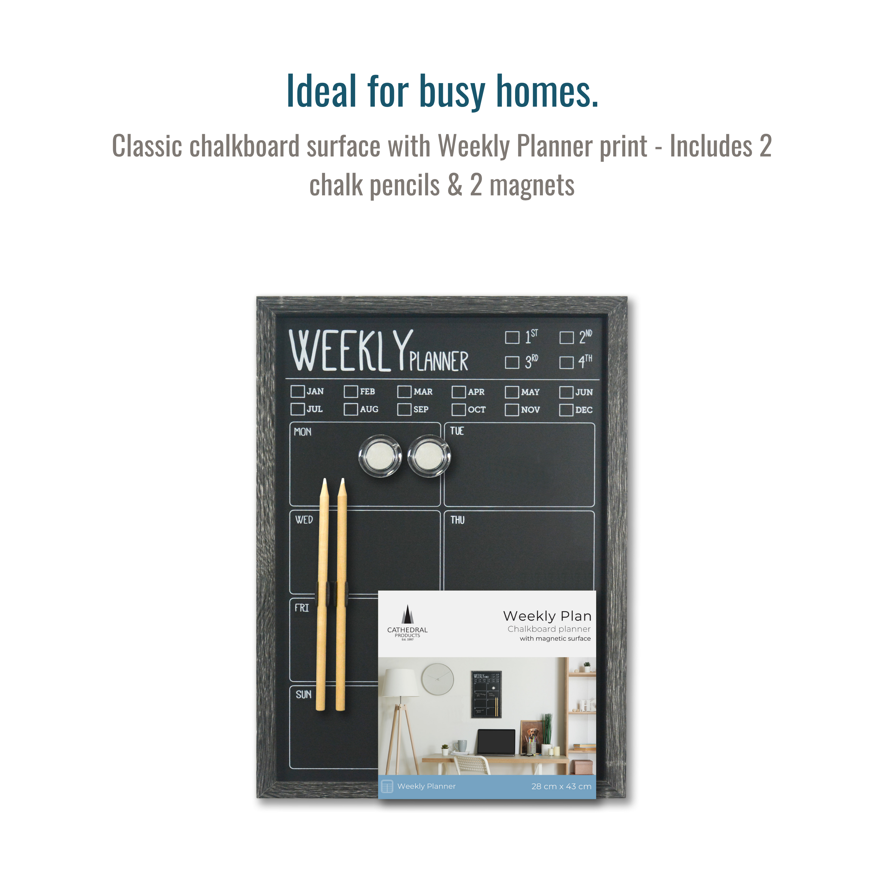 Charcoal Frame Magnetic Weekly Planner Chalk Board - 28 x 43 cm
