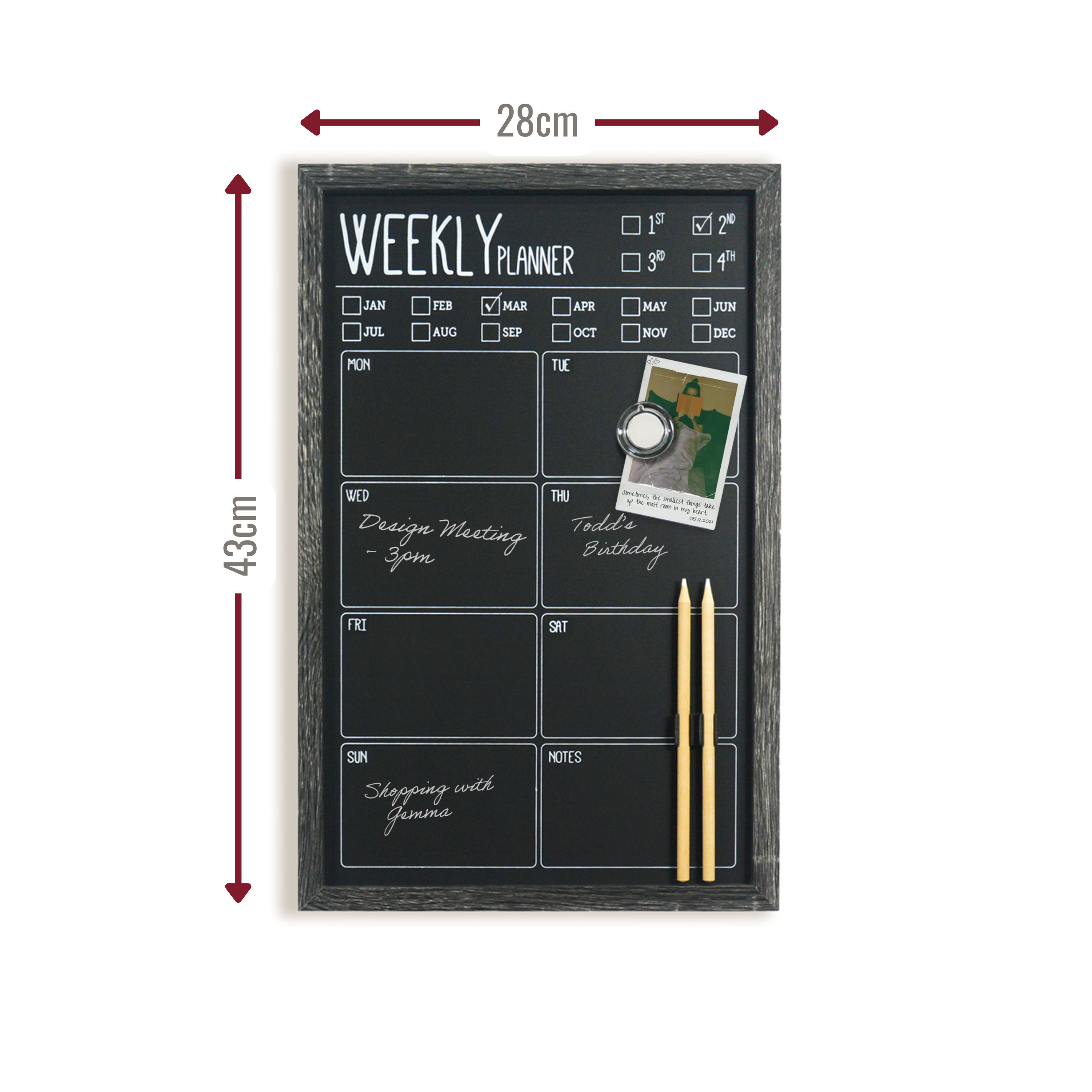 Charcoal Frame Magnetic Weekly Planner Chalk Board - 28 x 43 cm