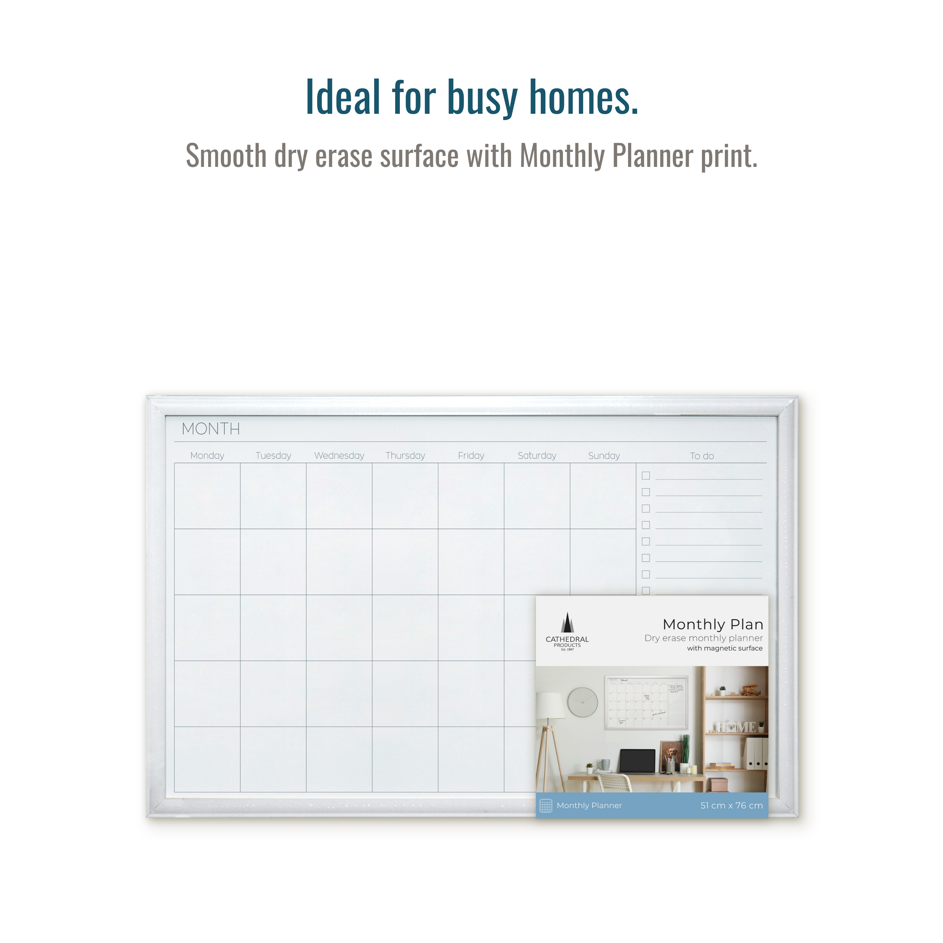 Modern White Frame Magnetic Monthly Planner Dry Erase Board - 51 x 76 cm
