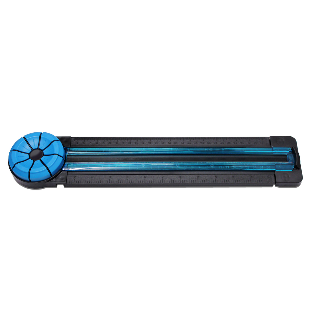 An A4 Dial-A-Blade Creative Trimmer featuring a unique design with a blue circular dial at one end and four different cutting options, set against a ruler base for precision work in crafting and design projects.