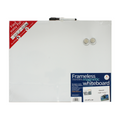 Packaging of the Cathedral Products Easy Fix Frameless Magnetic Whiteboard, sized 40 x 51cm, featuring a designer style dry-wipe board with transparent, 2 round magnets and pen with an eraser in the cap. A handwritten note on the board says 'Meet Julia!', 'flowers' and 'School 6-30', suggesting personal or office scheduling uses.