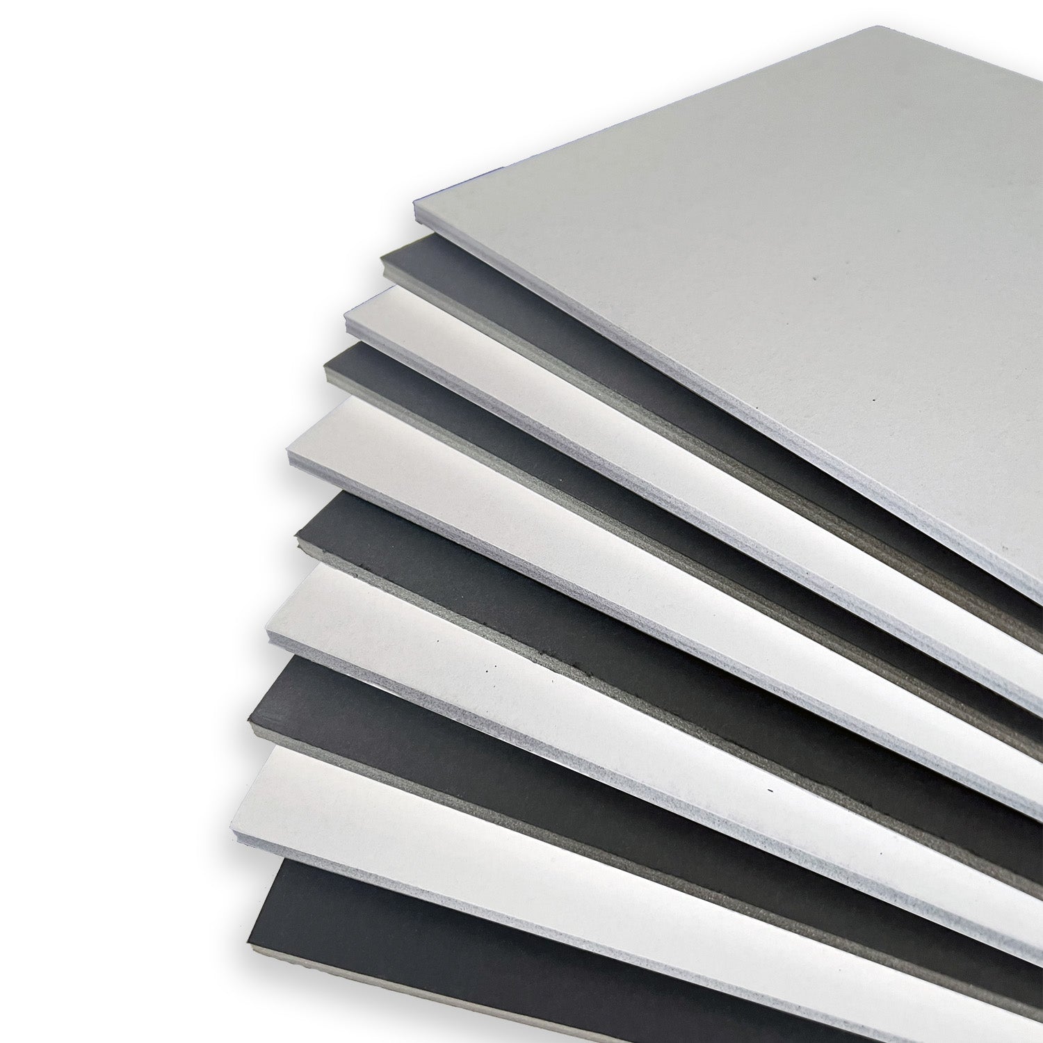 A pack of A1-sized 5mm foam boards arranged in alternating colors, with five sheets of white and five sheets of black, providing a visual representation of the product's variety for craft and presentation purposes.