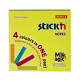 Packaged Stick'n Notes Magic Pad, with the text '4 colours in ONE pad' and the product name. It specifies the pad size as 3x3in (76x76mm) with 100 sheets per pad, and the logo 'HOPAX' in white with a red background.